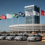 Viaturas da polícia legislativa da CLDF em frente ao edifício, com bandeiras de olimpíadas, destacando desperdício de recursos amid insegurança no DF.