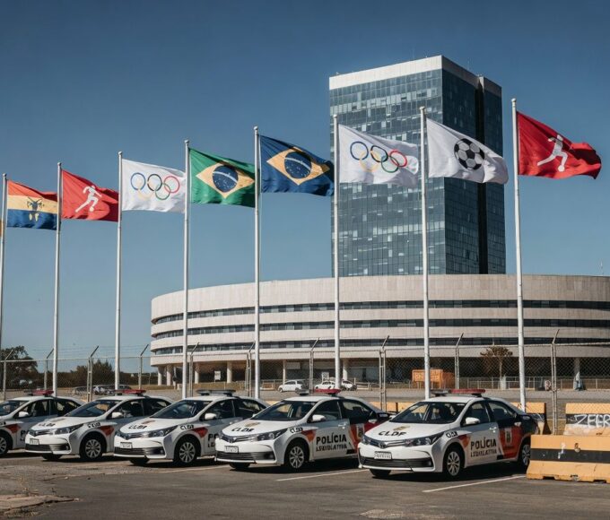 Viaturas da polícia legislativa da CLDF em frente ao edifício, com bandeiras de olimpíadas, destacando desperdício de recursos amid insegurança no DF.