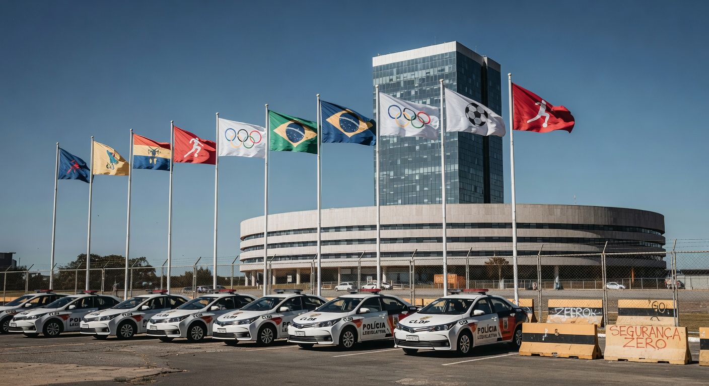 Viaturas da polícia legislativa da CLDF em frente ao edifício, com bandeiras de olimpíadas, destacando desperdício de recursos amid insegurança no DF.