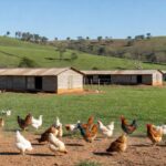 Granja de avicultura no DF com galinheiros e aves em campos verdes, representando apoio à produção local.