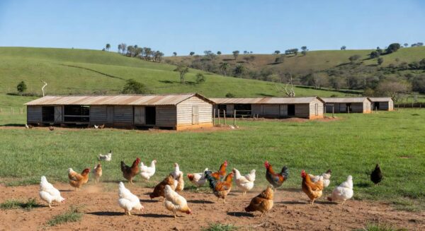 Granja de avicultura no DF com galinheiros e aves em campos verdes, representando apoio à produção local.