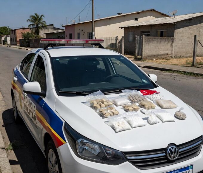 Viatura da PMDF em rua de Santa Maria com crack e cocaína apreendidos, representando prisão por tráfico de drogas no Distrito Federal.
