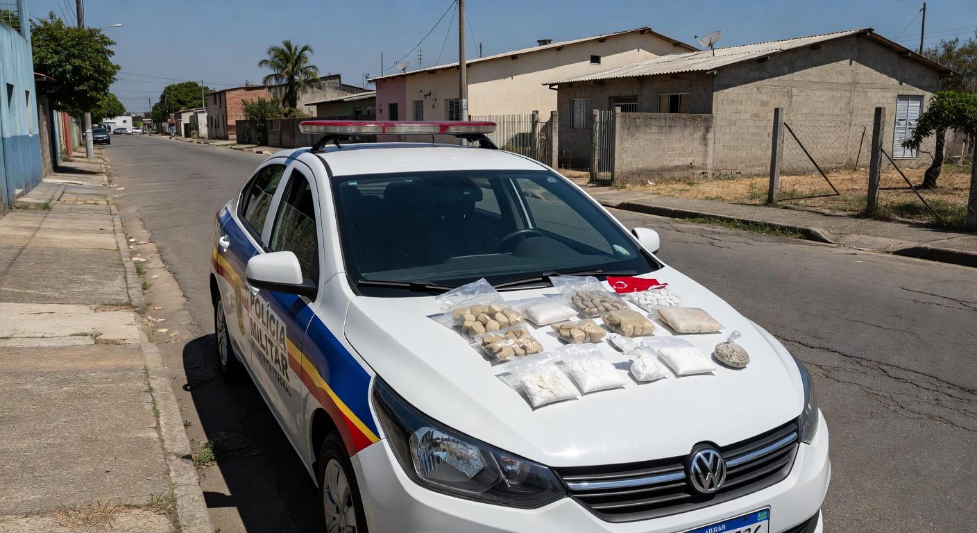 Viatura da PMDF em rua de Santa Maria com crack e cocaína apreendidos, representando prisão por tráfico de drogas no Distrito Federal.
