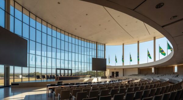 Auditório em Brasília com bandeiras brasileiras durante II Conferência de Segurança Pública.