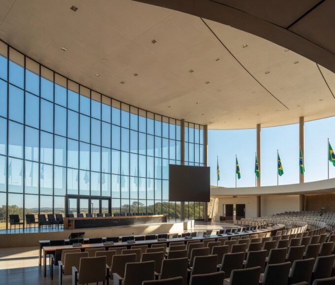 Auditório em Brasília com bandeiras brasileiras durante II Conferência de Segurança Pública.