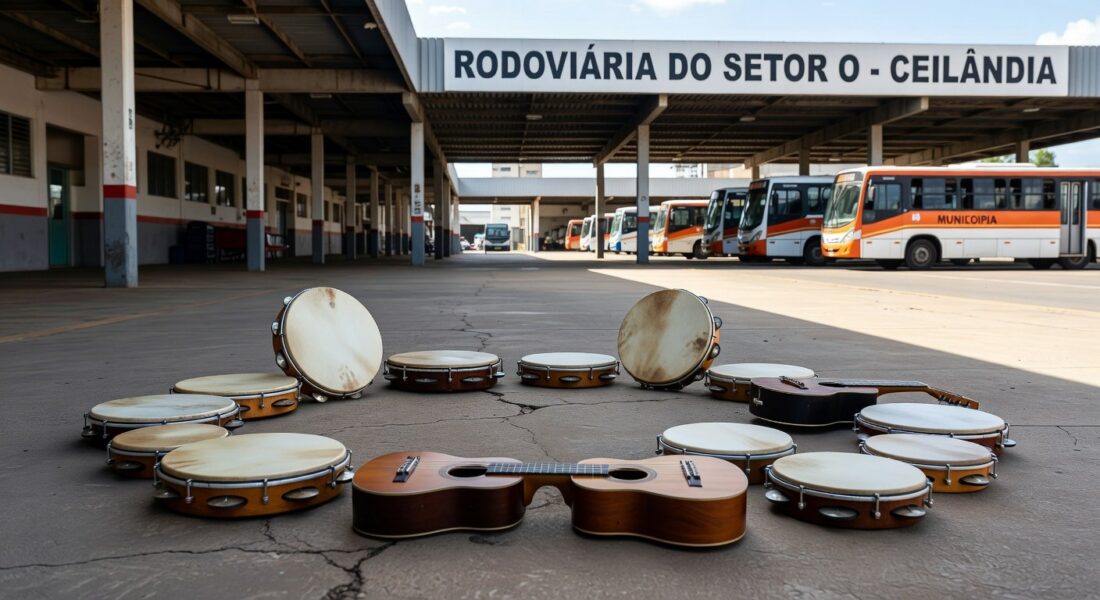 Roda de samba gratuita na Rodoviária do Setor O em Ceilândia, celebrando mulheres sambistas, com instrumentos musicais e ambiente urbano brasileiro.