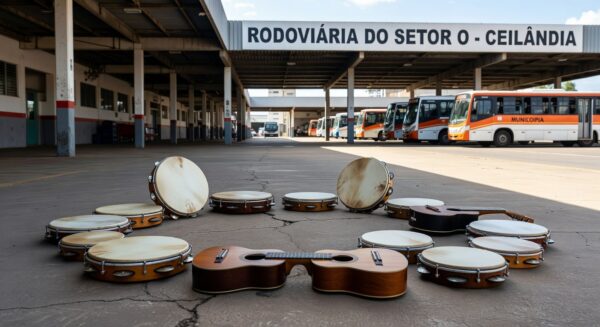 Roda de samba gratuita na Rodoviária do Setor O em Ceilândia, celebrando mulheres sambistas, com instrumentos musicais e ambiente urbano brasileiro.