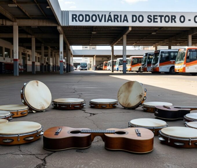 Roda de samba gratuita na Rodoviária do Setor O em Ceilândia, celebrando mulheres sambistas, com instrumentos musicais e ambiente urbano brasileiro.