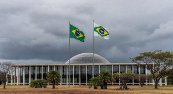 Edifício da CLDF em Brasília com símbolos de impunidade na violência contra mulheres e falhas na reintegração de policiais.
