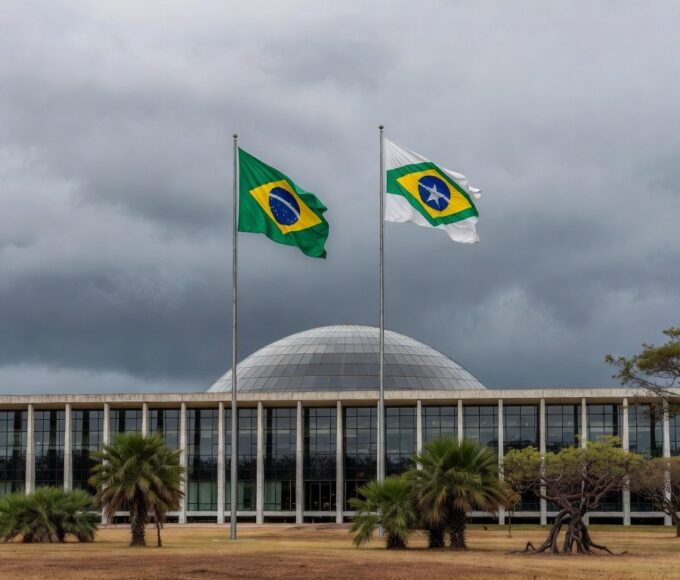Edifício da CLDF em Brasília com símbolos de impunidade na violência contra mulheres e falhas na reintegração de policiais.