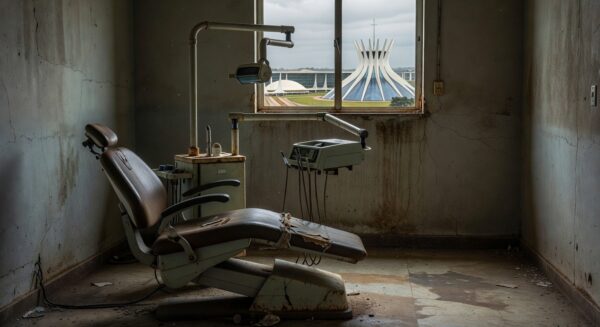 Cadeira odontológica deteriorada em clínica pública de Brasília, simbolizando falhas no apoio à saúde bucal.