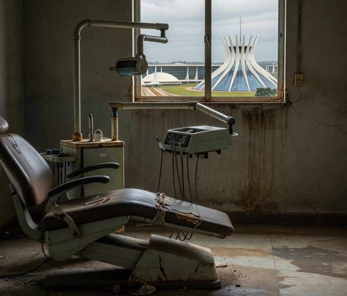 Cadeira odontológica deteriorada em clínica pública de Brasília, simbolizando falhas no apoio à saúde bucal.