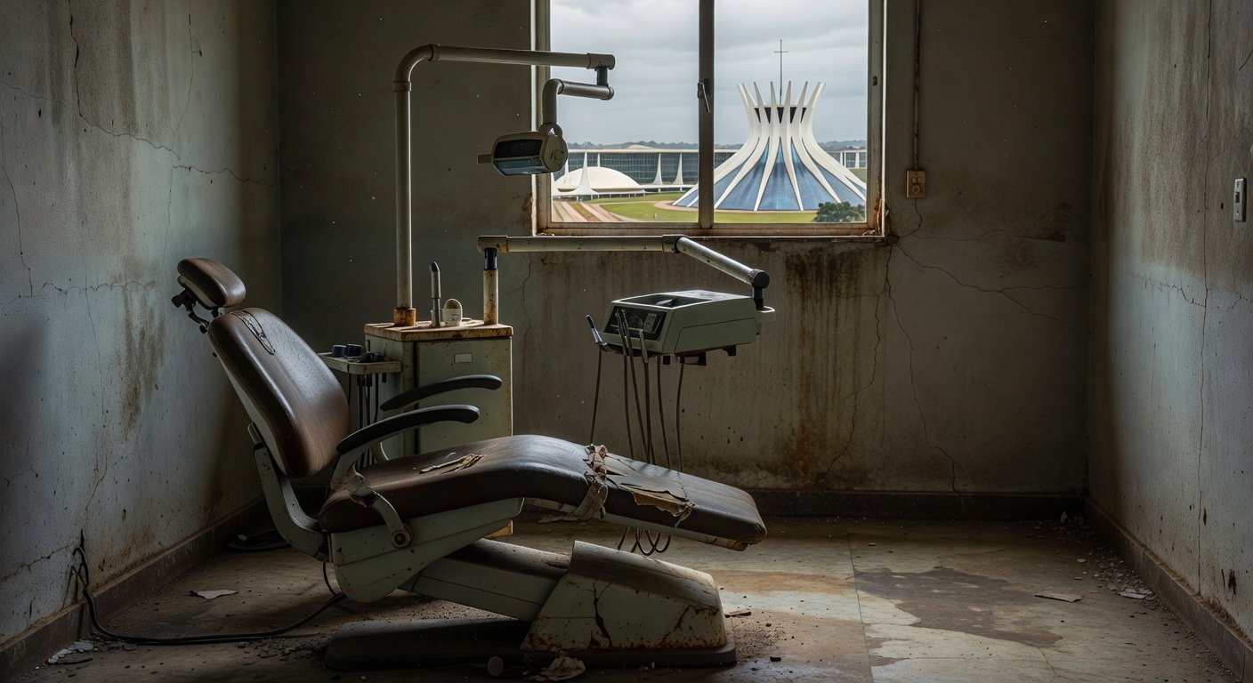 Cadeira odontológica deteriorada em clínica pública de Brasília, simbolizando falhas no apoio à saúde bucal.