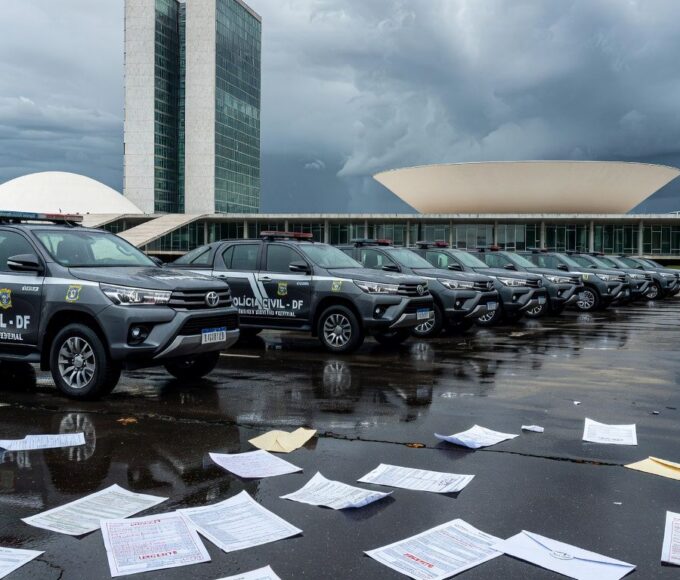 Viaturas da Polícia Civil do DF em frente à Câmara Legislativa, representando apoio a projeto de lei sobre falhas na Previdência.