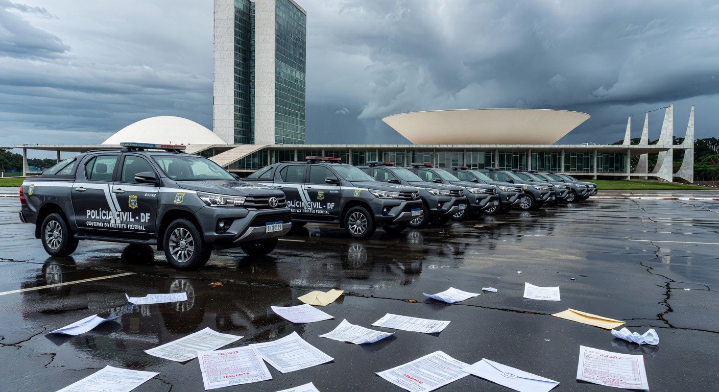 Viaturas da Polícia Civil do DF em frente à Câmara Legislativa, representando apoio a projeto de lei sobre falhas na Previdência.