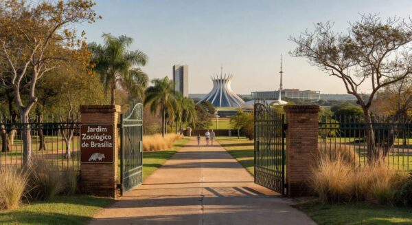 Vista panorâmica do Zoológico de Brasília com animais em recintos naturais, homenageando o Dia da Mulher com entrada gratuita.