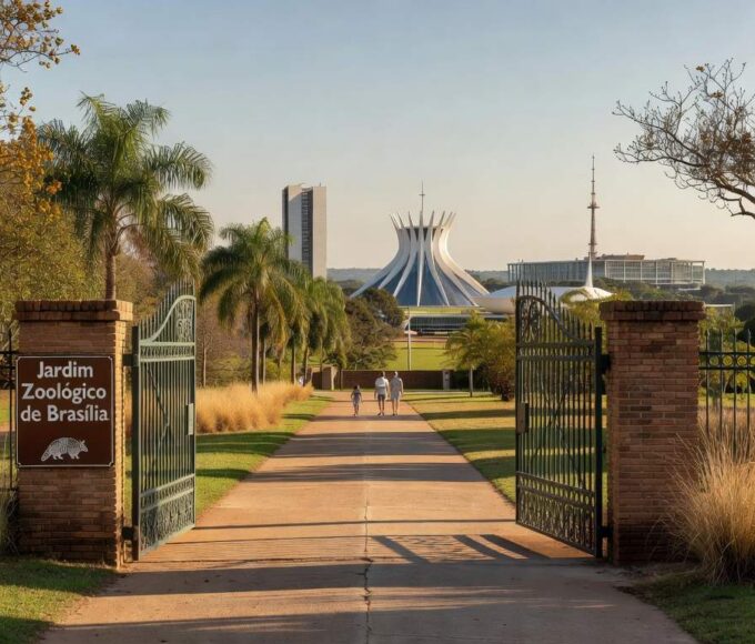 Vista panorâmica do Zoológico de Brasília com animais em recintos naturais, homenageando o Dia da Mulher com entrada gratuita.