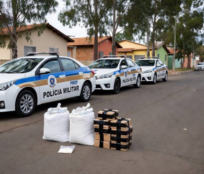 Viaturas da PMDF e pacotes de drogas apreendidas em rua do Recanto das Emas, Brasília.