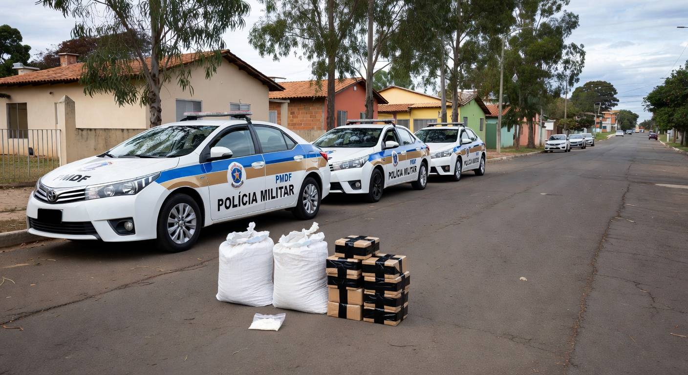 Viaturas da PMDF e pacotes de drogas apreendidas em rua do Recanto das Emas, Brasília.