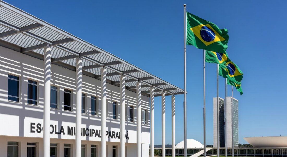 Escola pública em Brasília com Congresso Nacional ao fundo, representando acordo entre SEEDF e Senado para Oficina Legislativa.