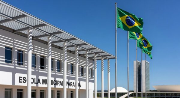 Escola pública em Brasília com Congresso Nacional ao fundo, representando acordo entre SEEDF e Senado para Oficina Legislativa.