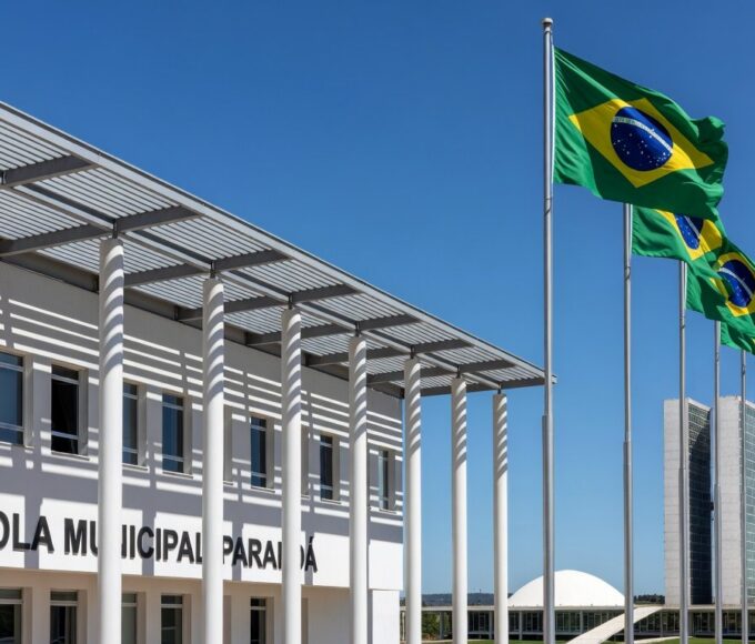 Escola pública em Brasília com Congresso Nacional ao fundo, representando acordo entre SEEDF e Senado para Oficina Legislativa.