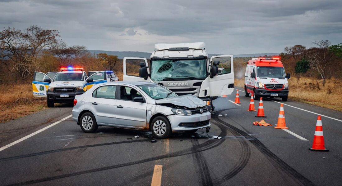 Cena de acidente com quatro veículos colididos na rodovia DF-150 em Sobradinho, Distrito Federal, deixando três feridos.
