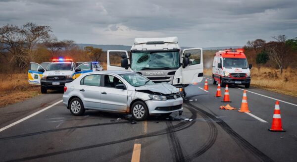 Cena de acidente com quatro veículos colididos na rodovia DF-150 em Sobradinho, Distrito Federal, deixando três feridos.