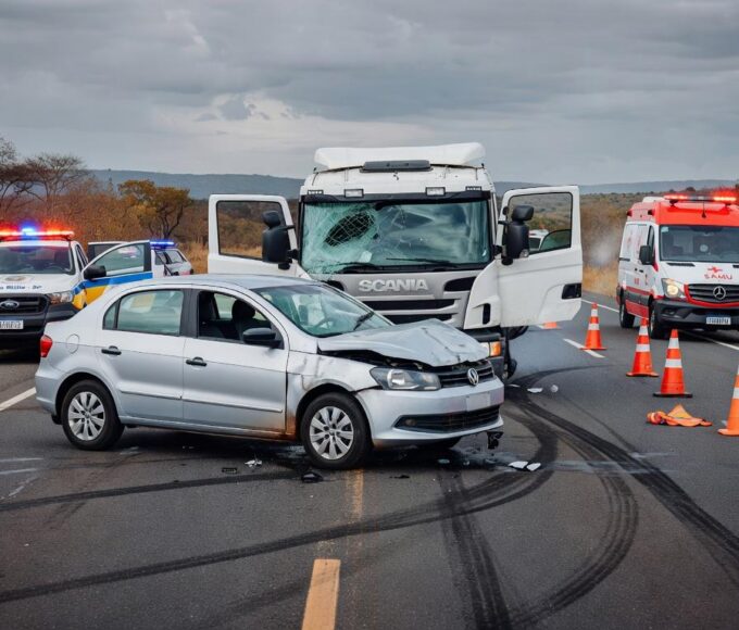 Cena de acidente com quatro veículos colididos na rodovia DF-150 em Sobradinho, Distrito Federal, deixando três feridos.