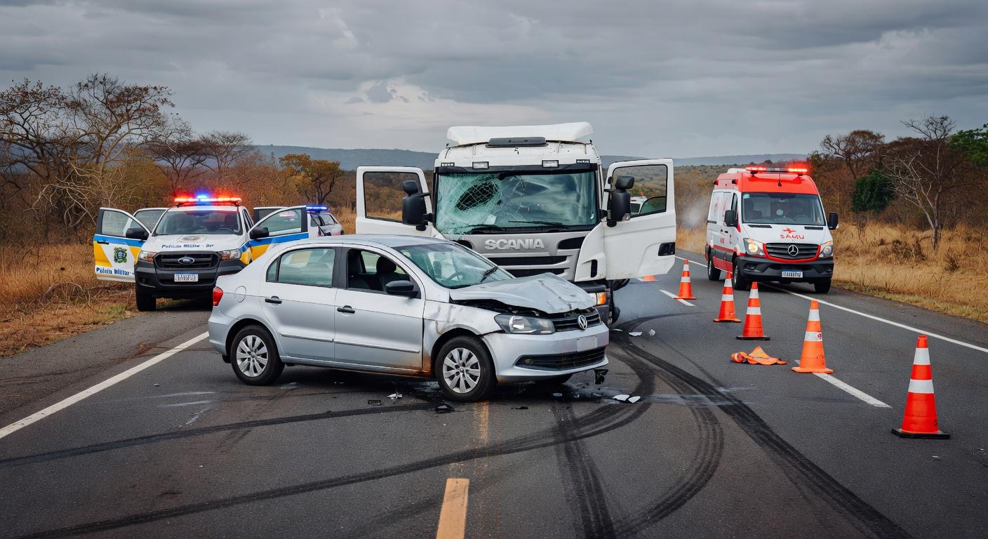 Cena de acidente com quatro veículos colididos na rodovia DF-150 em Sobradinho, Distrito Federal, deixando três feridos.