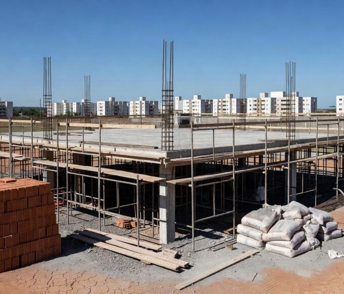 Obra de construção no Gama, DF, com laje elevada e andaimes, representando acidente fatal por queda.