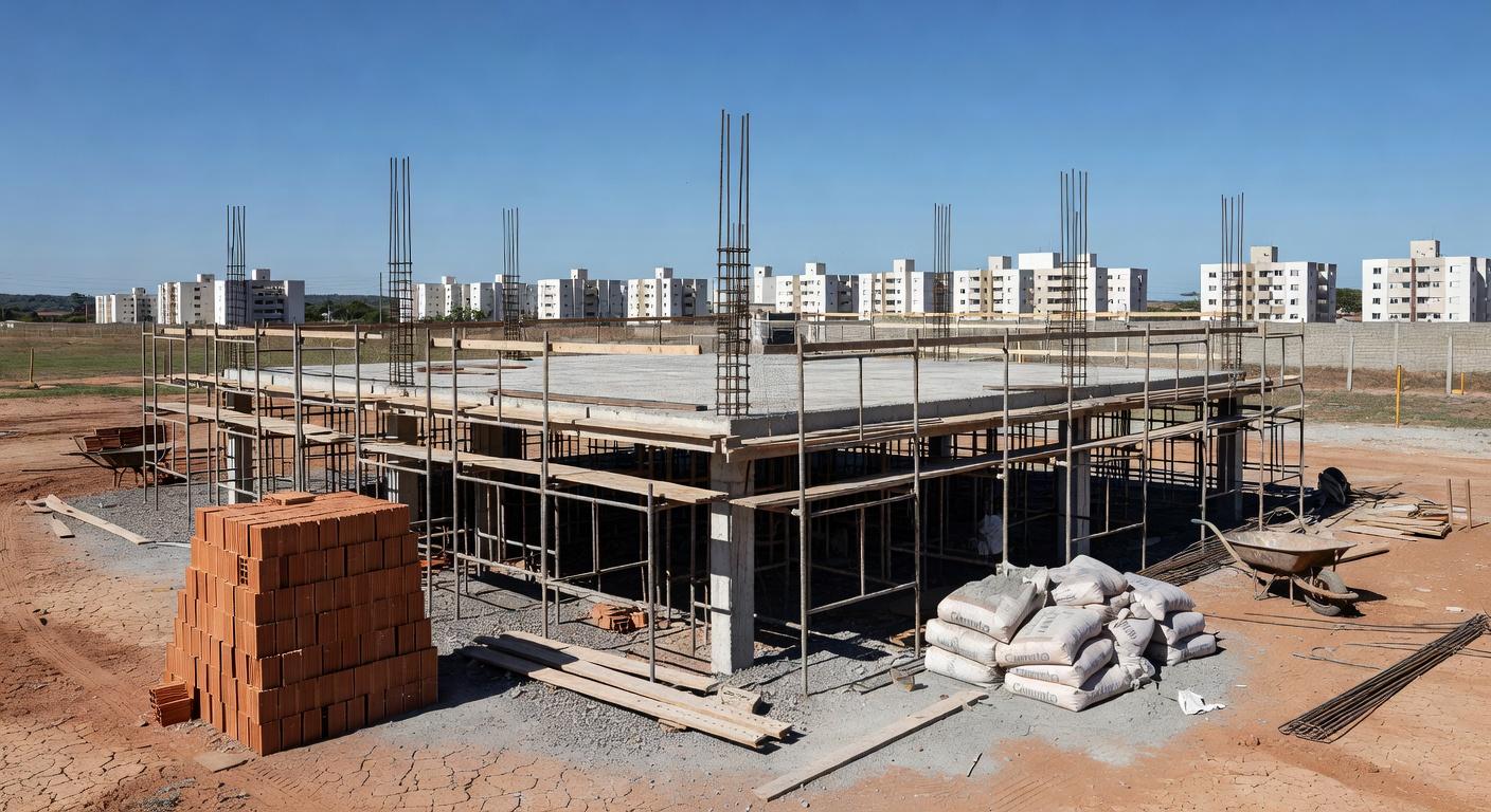 Obra de construção no Gama, DF, com laje elevada e andaimes, representando acidente fatal por queda.