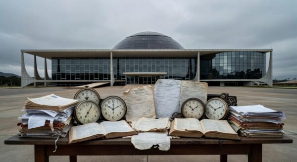 Edifício da CLDF em Brasília com relógios e documentos simbolizando desperdício legislativo em homenagem a corretores de seguros.