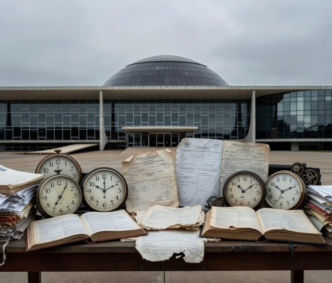 Edifício da CLDF em Brasília com relógios e documentos simbolizando desperdício legislativo em homenagem a corretores de seguros.