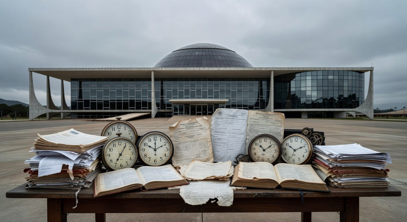 Edifício da CLDF em Brasília com relógios e documentos simbolizando desperdício legislativo em homenagem a corretores de seguros.