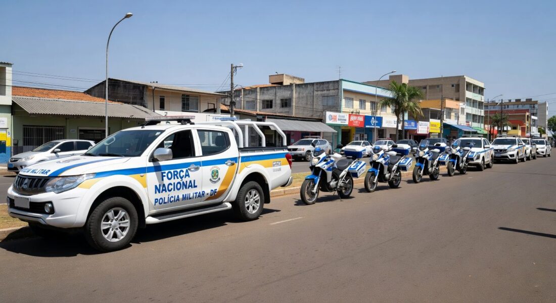 Viaturas da PMDF em rua de Taguatinga durante Operação Dois de Ouro para combater criminalidade e celebrar aniversário.