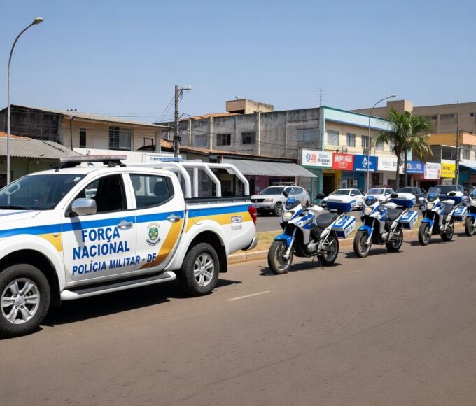Viaturas da PMDF em rua de Taguatinga durante Operação Dois de Ouro para combater criminalidade e celebrar aniversário.