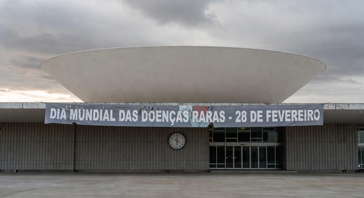 Edifício da CLDF em Brasília com banner atrasado sobre Dia das Doenças Raras, expondo negligência no apoio a pacientes.