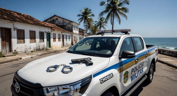 Viatura da Polícia Militar em rua de São Sebastião com algemas e arma apreendida, representando detenção por ameaça e porte ilegal.