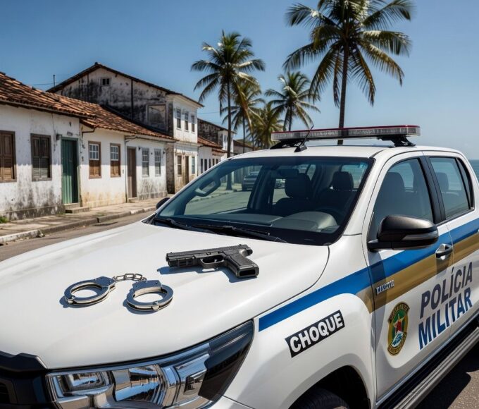 Viatura da Polícia Militar em rua de São Sebastião com algemas e arma apreendida, representando detenção por ameaça e porte ilegal.