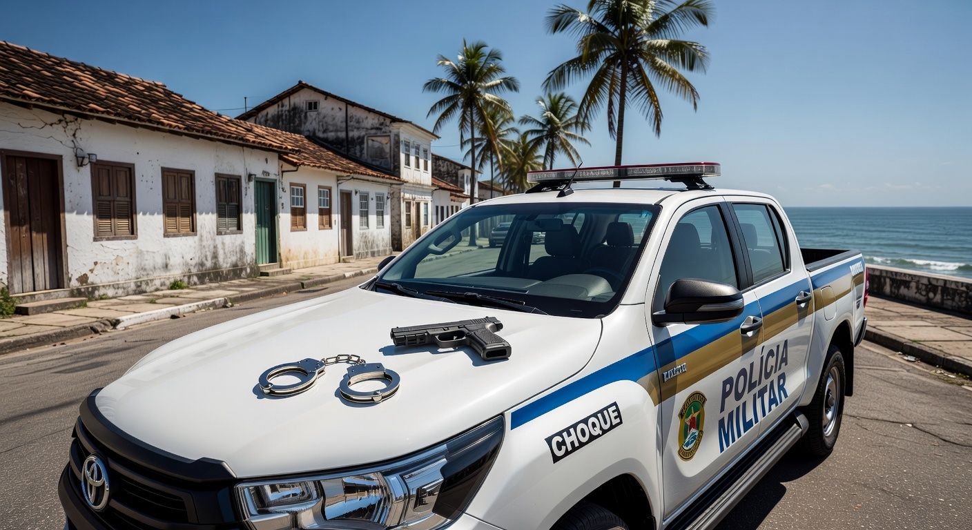 Viatura da Polícia Militar em rua de São Sebastião com algemas e arma apreendida, representando detenção por ameaça e porte ilegal.