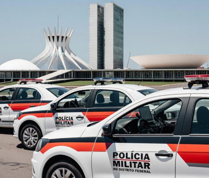 Viaturas da PMDF com equipamentos de comunicação em Brasília, representando missão técnica para aprimorar emergências.