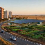 Vista panorâmica de Riacho Fundo II no DF, com infraestruturas sustentáveis e desenvolvimento urbano para autossuficiência.