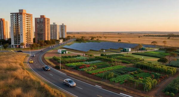 Vista panorâmica de Riacho Fundo II no DF, com infraestruturas sustentáveis e desenvolvimento urbano para autossuficiência.
