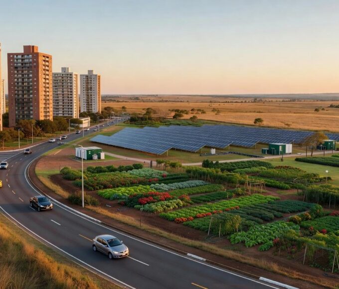 Vista panorâmica de Riacho Fundo II no DF, com infraestruturas sustentáveis e desenvolvimento urbano para autossuficiência.