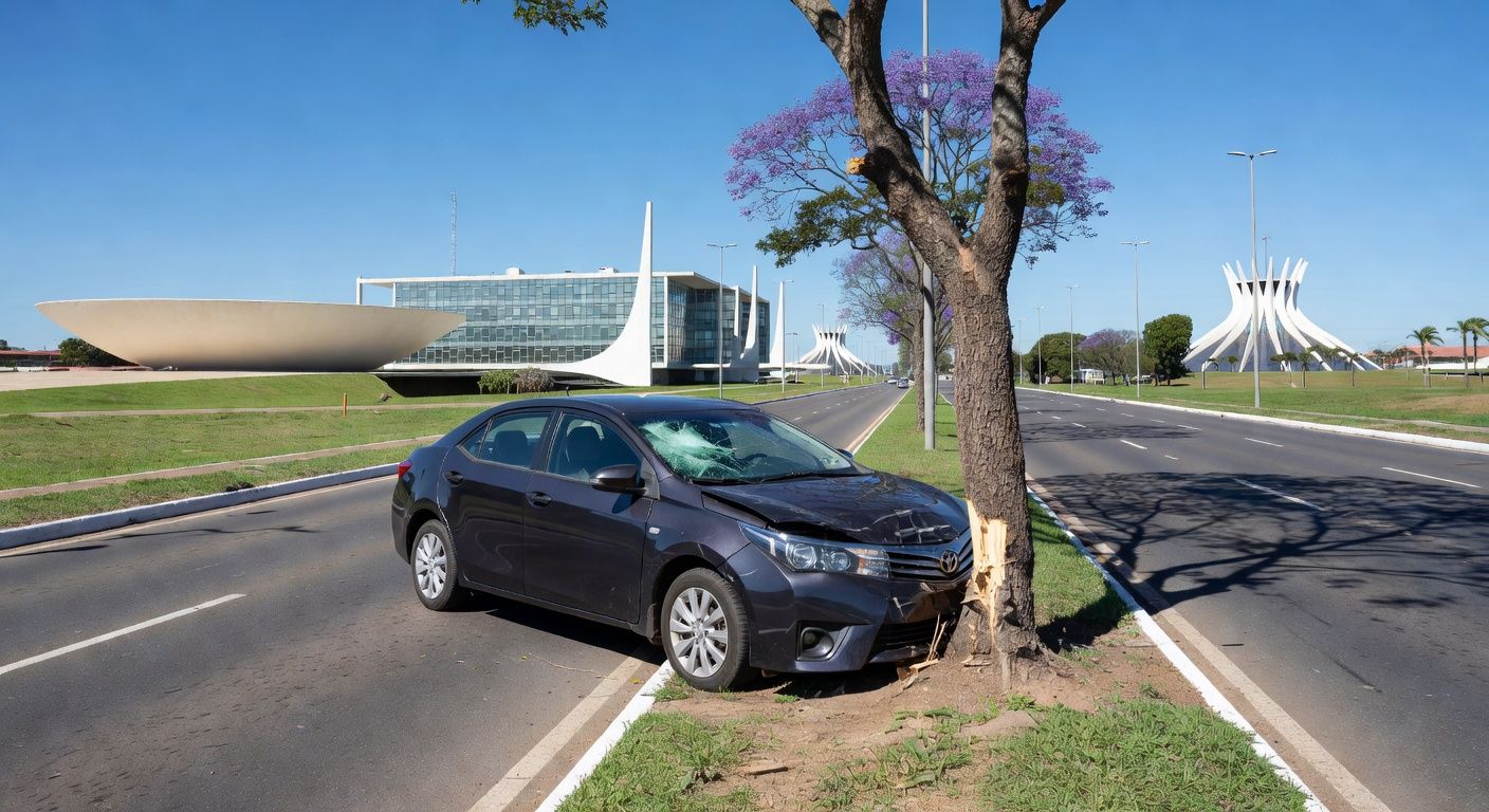 Colisão de carro com árvore na Via W2 Sul em Brasília, veículo danificado ao lado da avenida.