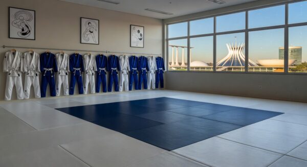Academia de jiu-jitsu vazia em Brasília, representando palestra do MPDFT sobre prevenção à importunação sexual.