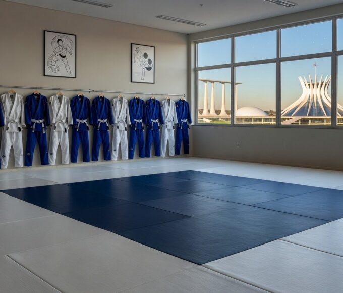 Academia de jiu-jitsu vazia em Brasília, representando palestra do MPDFT sobre prevenção à importunação sexual.