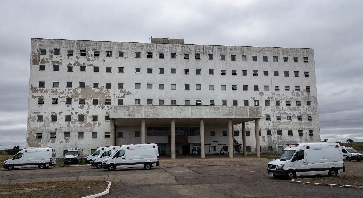 Hospital público em Brasília com sinais de negligência, fachada deteriorada e equipamentos abandonados, destacando crise na saúde do DF.
