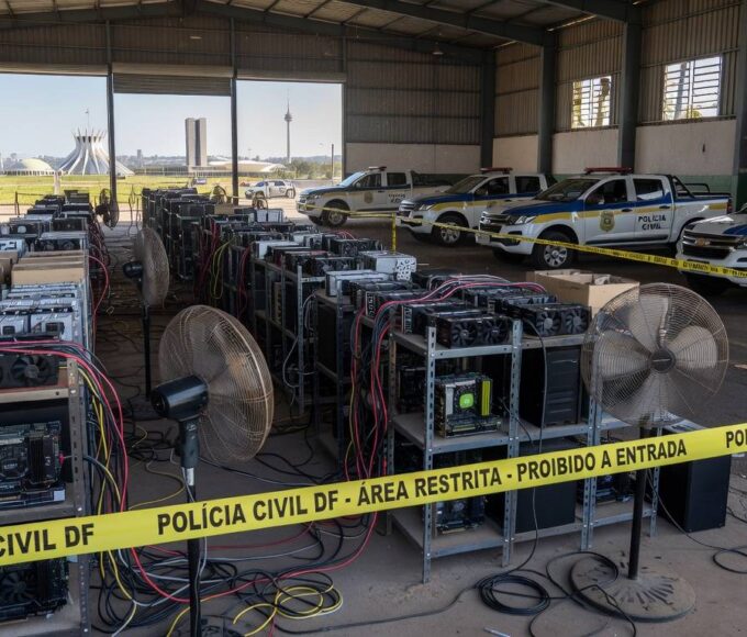 Viaturas da Polícia Civil em operação contra mineradora clandestina de criptomoedas em galpão de São Sebastião, com equipamentos desmontados.